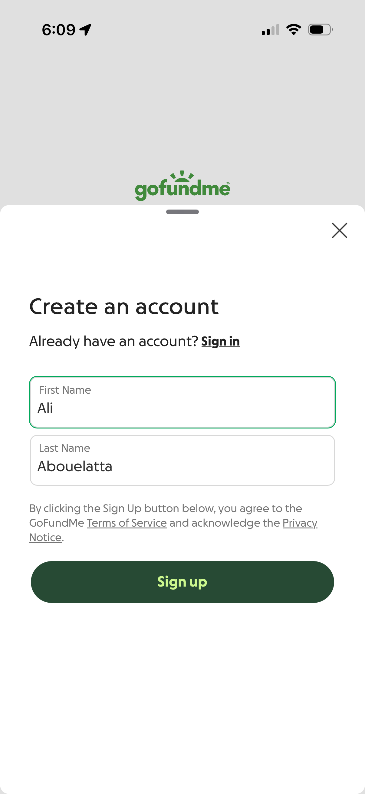 gofundme signup screenshot